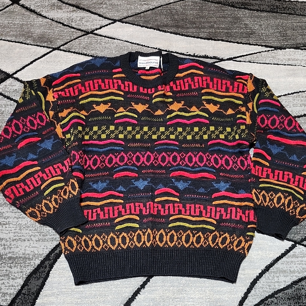 VINTAGE 90'S WESTBOUND BOLD COLORFUL RAISED ABSTRACT DESIGN UNISEX KNIT-SWEATER